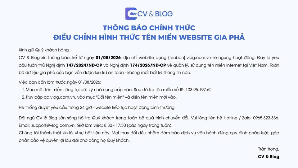 THÔNG BÁO: Điều chỉnh hình thức tên miền website CV&Blog theo Nghị định 147/2024/NĐ-CP và Nghị định 174/2026/NĐ-CP
